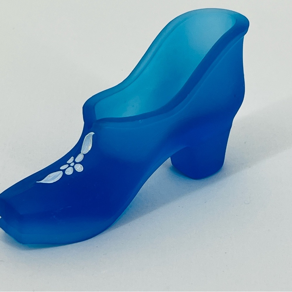 Westmoreland Blue Satin Glass Shoe Slipper Hand Painted Flowers Vintage - Picture 9 of 13